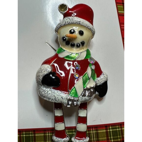 Vintage Inspired Happy Holidays Santa Snowman Brooch Pin Rhinestone Scarf - Picture 7 of 8